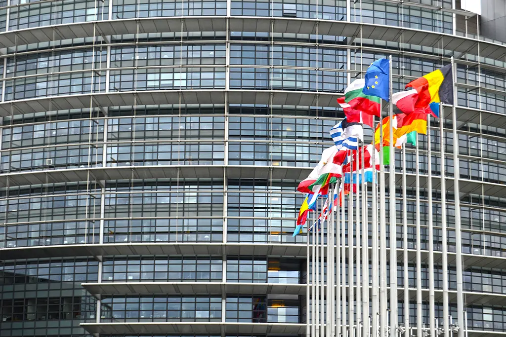 Die Fahnen der Mitgliedsstaaten der EU wehen vor einem der Parlamentsgebäude der EU.